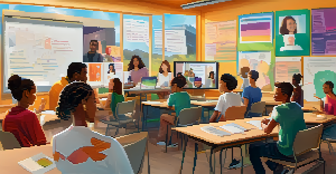 An online classroom with diverse students participating in a video call, showcasing a collaborative learning environment.