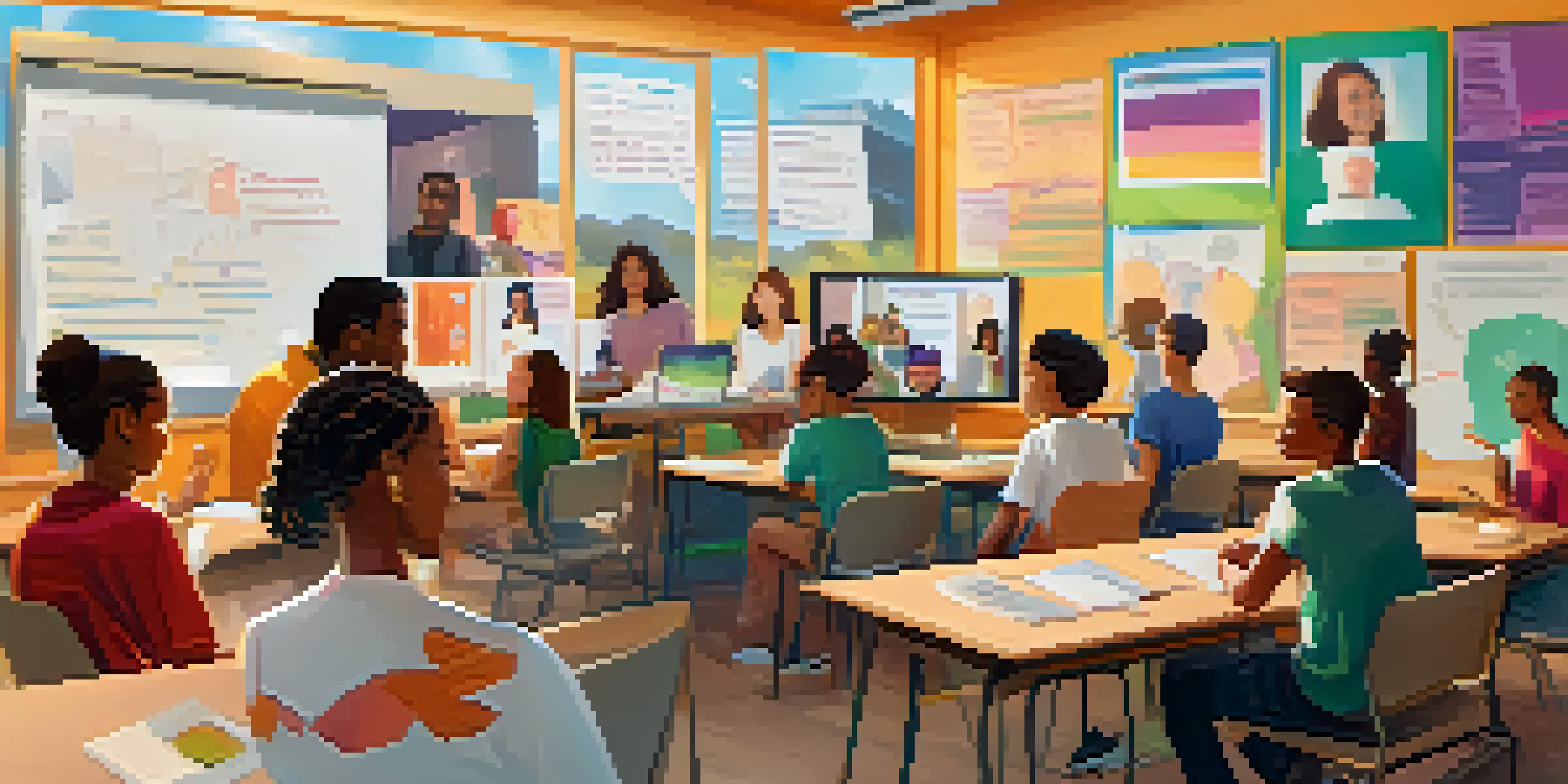 An online classroom with diverse students participating in a video call, showcasing a collaborative learning environment.