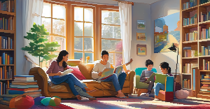 A family in a living room with a bookshelf full of multilingual books, parents reading to children, and a globe on the floor.