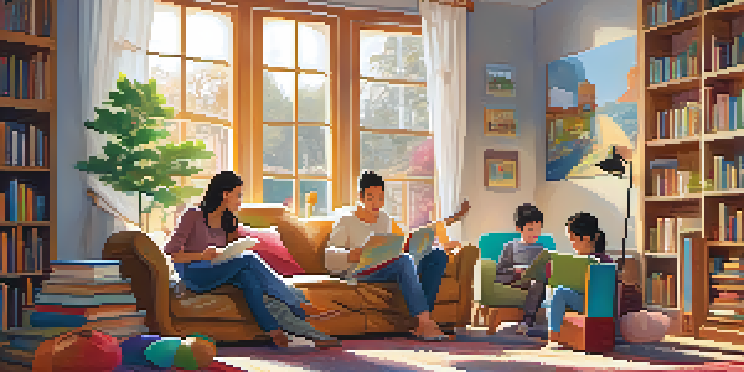 A family in a living room with a bookshelf full of multilingual books, parents reading to children, and a globe on the floor.