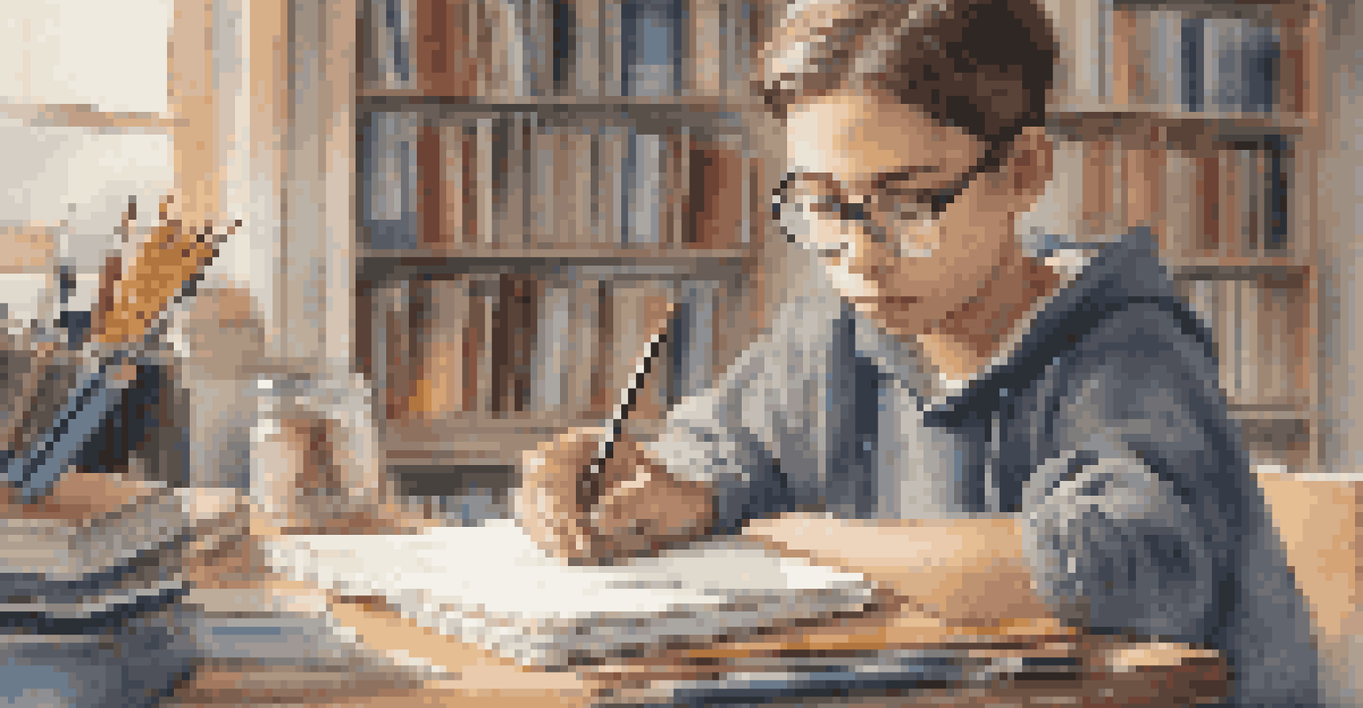 A close-up of a student concentrating on writing in a notebook, surrounded by art supplies and books, highlighting their engagement in learning.