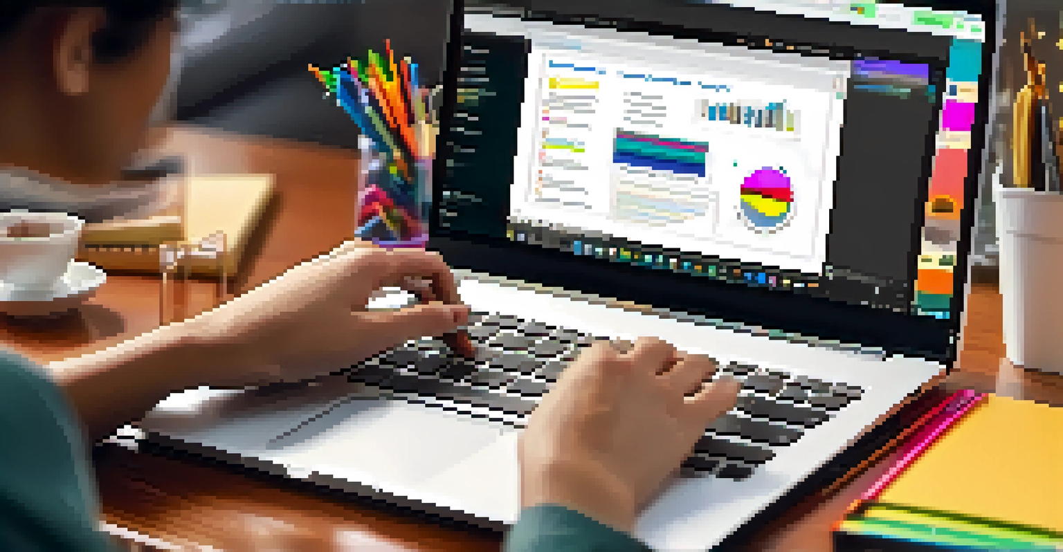 A close-up image of hands typing on a laptop, surrounded by a notebook and colorful pens, depicting a personalized study environment.