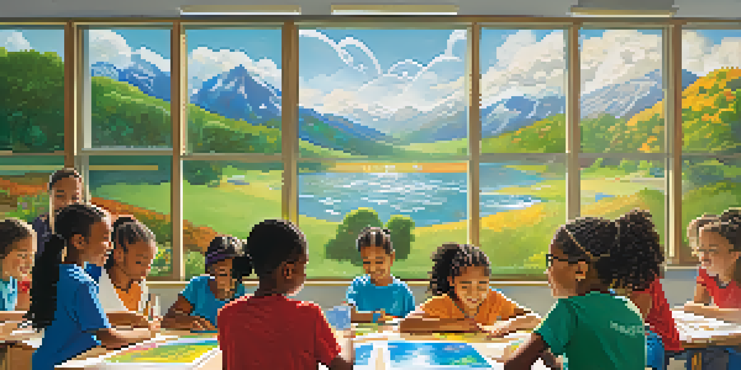 A diverse group of students working together on a large mural in a bright classroom, illustrating the water cycle.