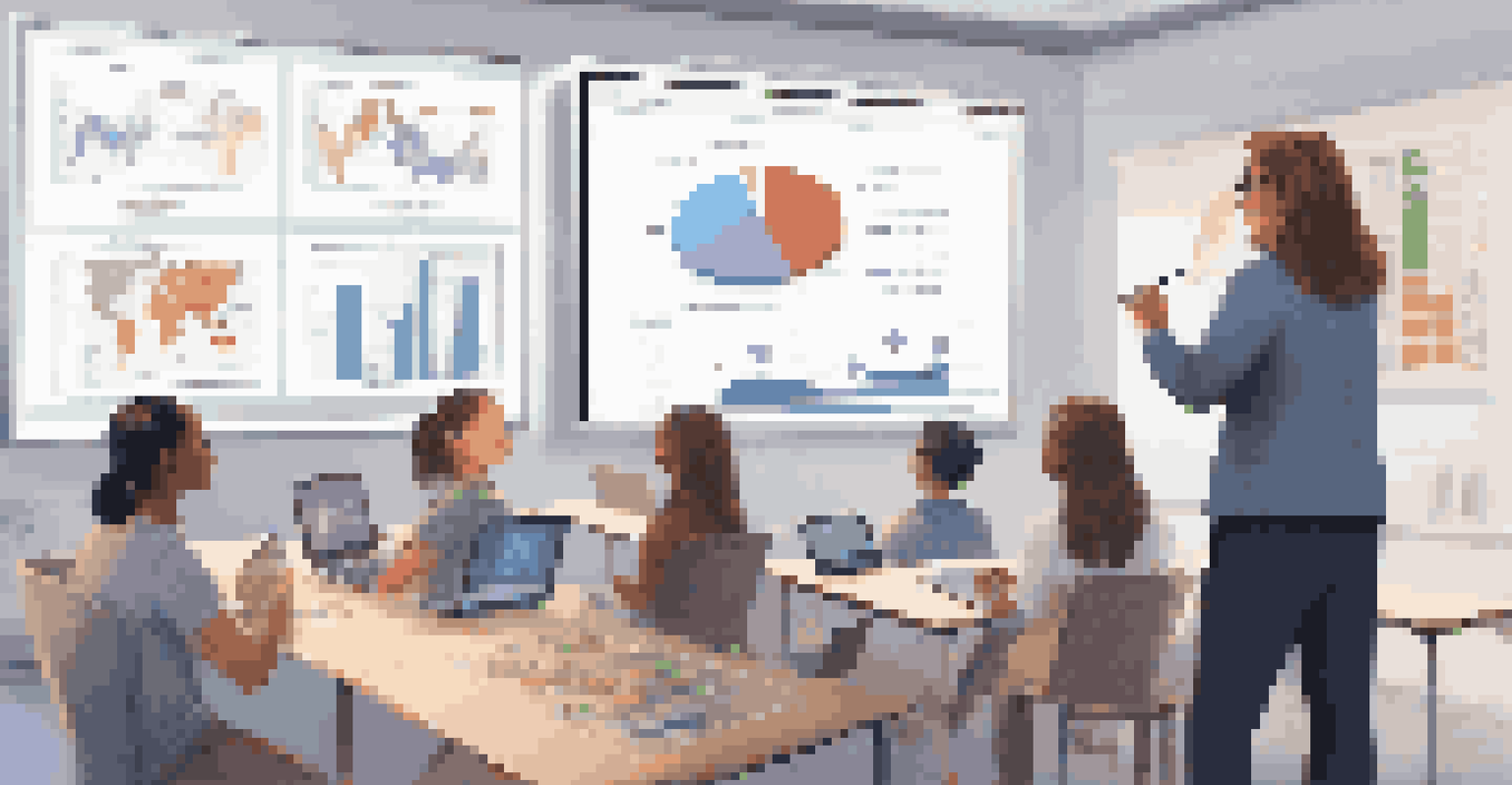 An educator analyzing data on a laptop in a modern classroom, surrounded by students, educational charts, and an AI insights display.