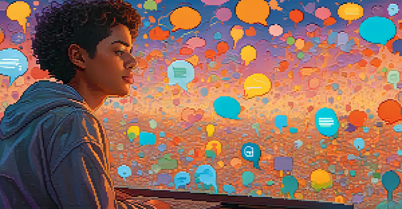 A young person interacting with an online discussion forum, with thought bubbles showing various emotions, set against a backdrop of warm and cool colors, highlighting digital empathy.