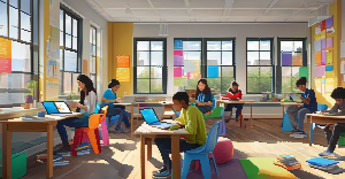 A group of diverse students using mobile devices in a bright study space, engaged in learning and collaboration.