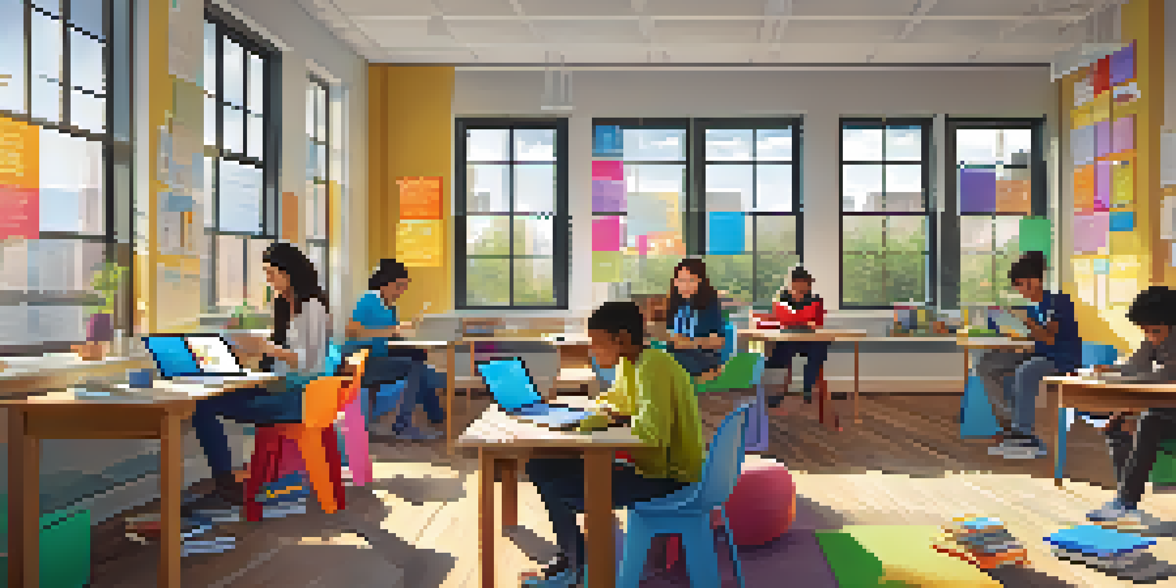 A group of diverse students using mobile devices in a bright study space, engaged in learning and collaboration.