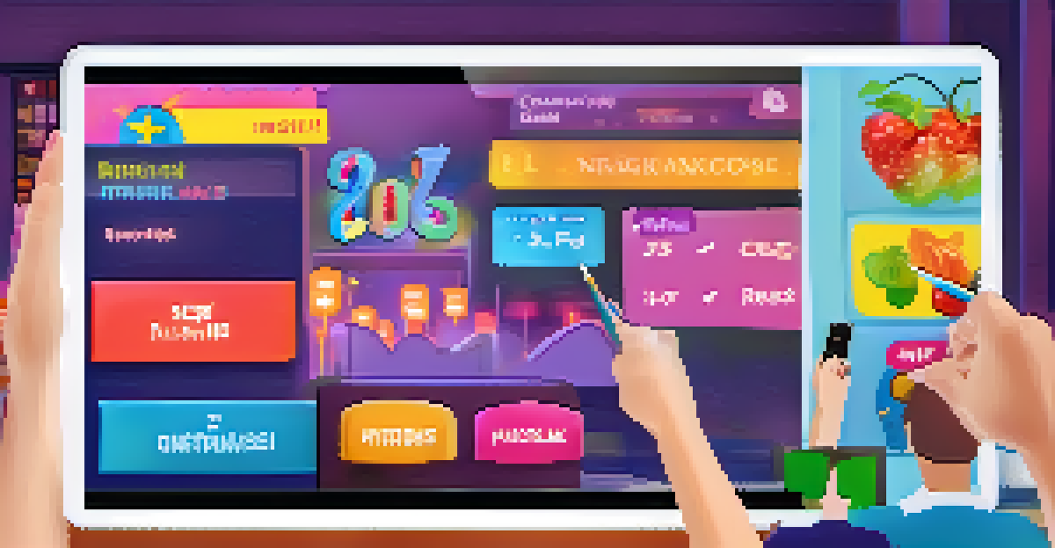 A close-up of a tablet showing an interactive quiz game with vibrant graphics and a leaderboard, with students eagerly participating in the background.