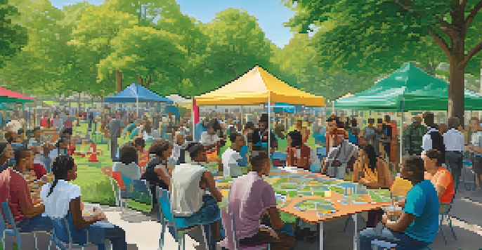 A lively community event in a park with diverse individuals collaborating on social innovation, featuring colorful banners and tables with materials under sunny skies.