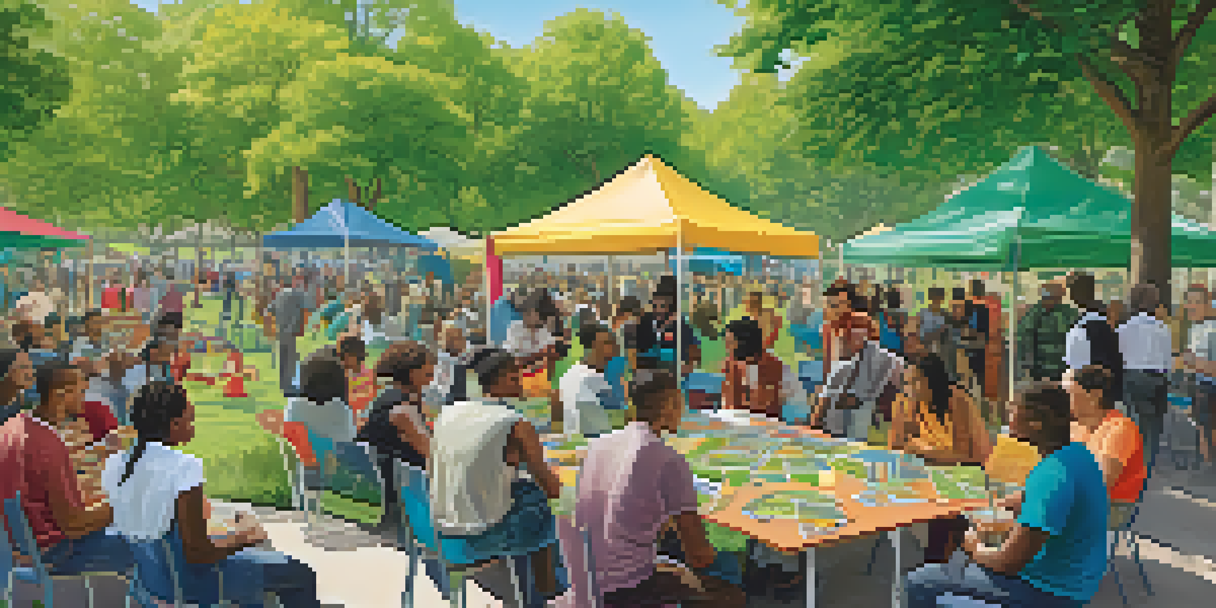 A lively community event in a park with diverse individuals collaborating on social innovation, featuring colorful banners and tables with materials under sunny skies.