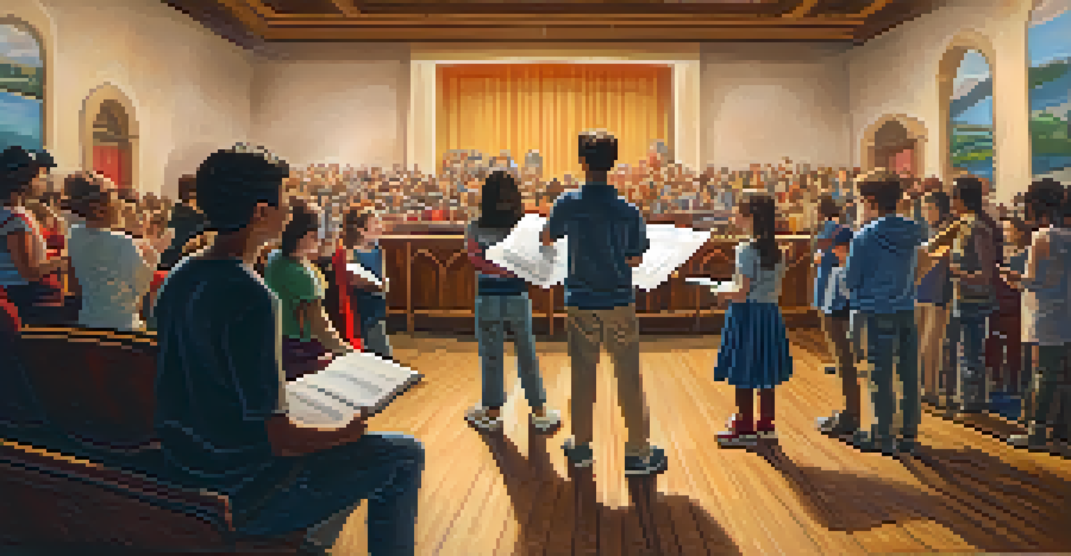 Students rehearsing a play in a cozy auditorium, with some in costumes and a painted backdrop of a local landmark.