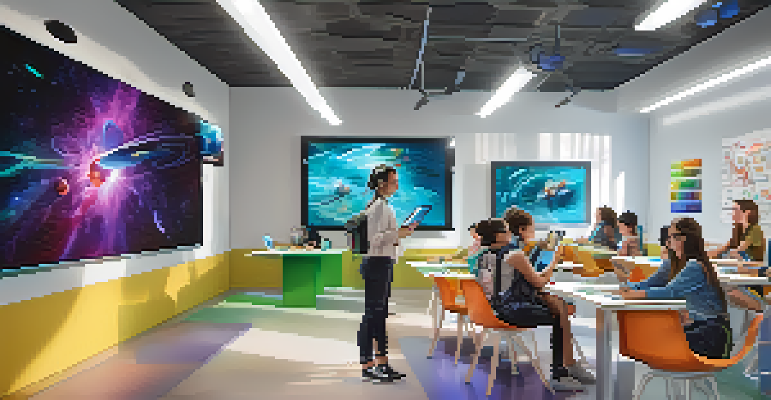 A modern classroom with students using tablets and VR headsets for interactive learning.