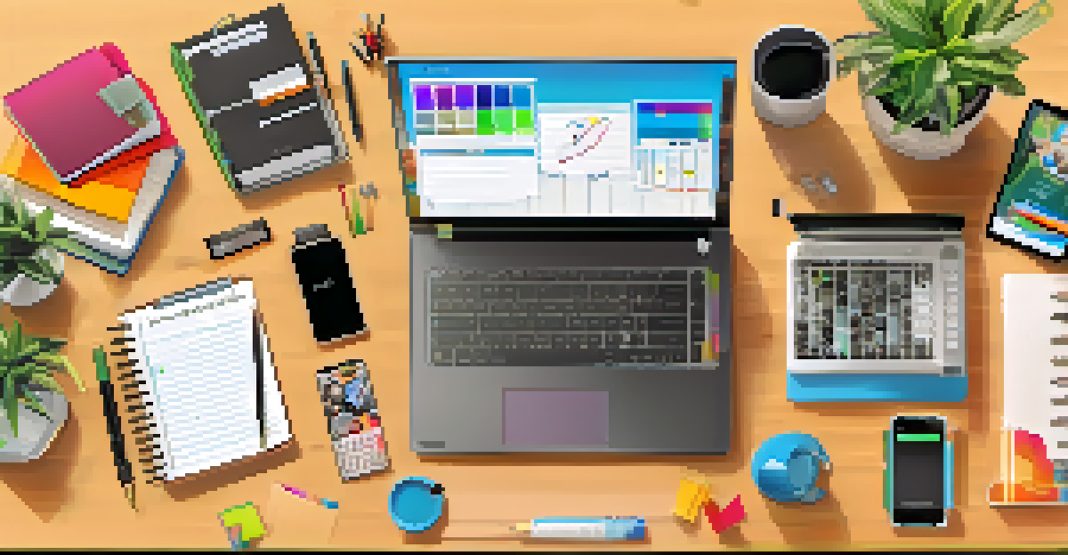 An organized workspace with a laptop, tablet, smartphone, and a colorful planner for online collaboration.