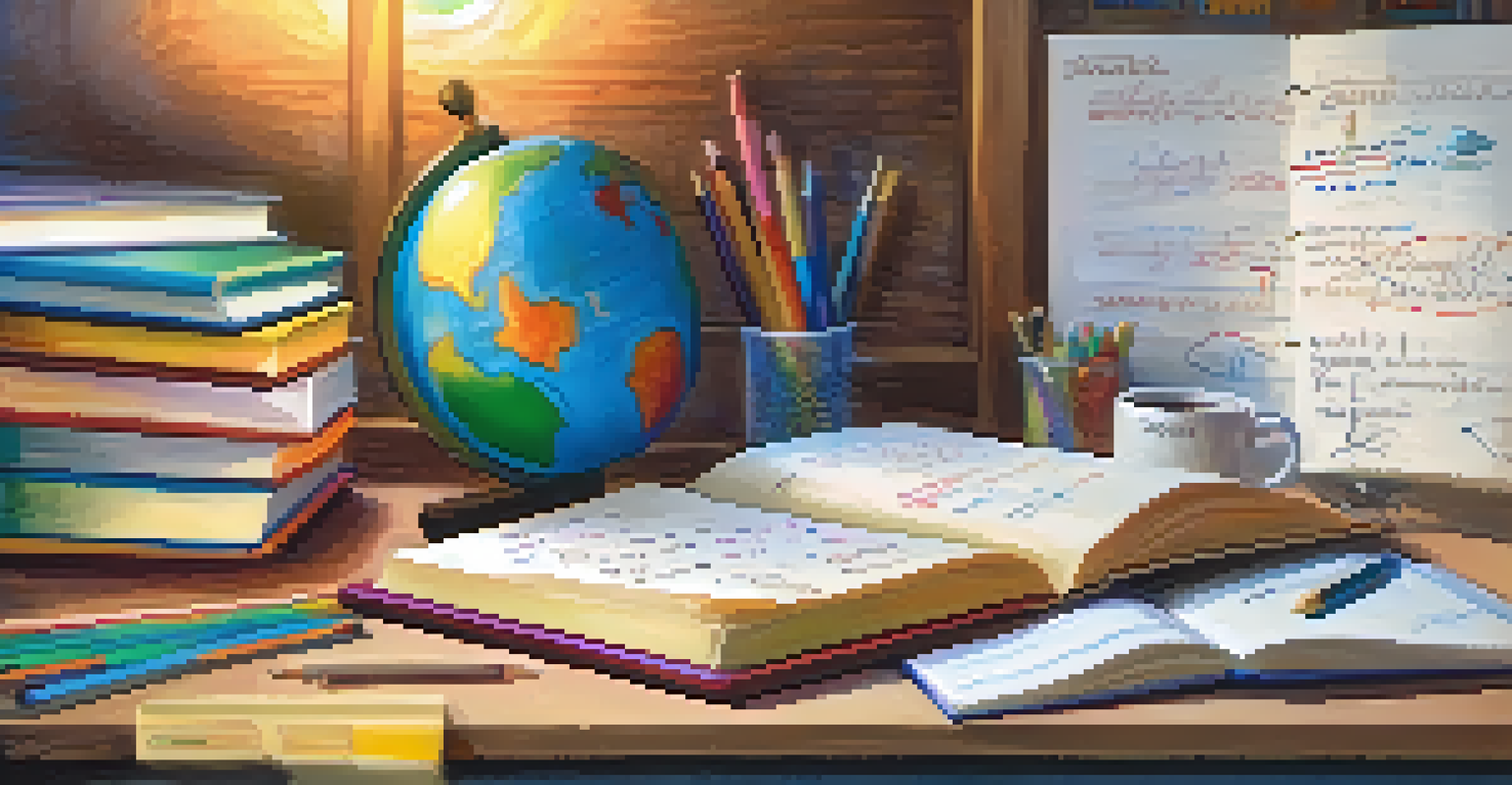 A close-up of a hand writing in a colorful notebook, with educational materials in the blurred background.