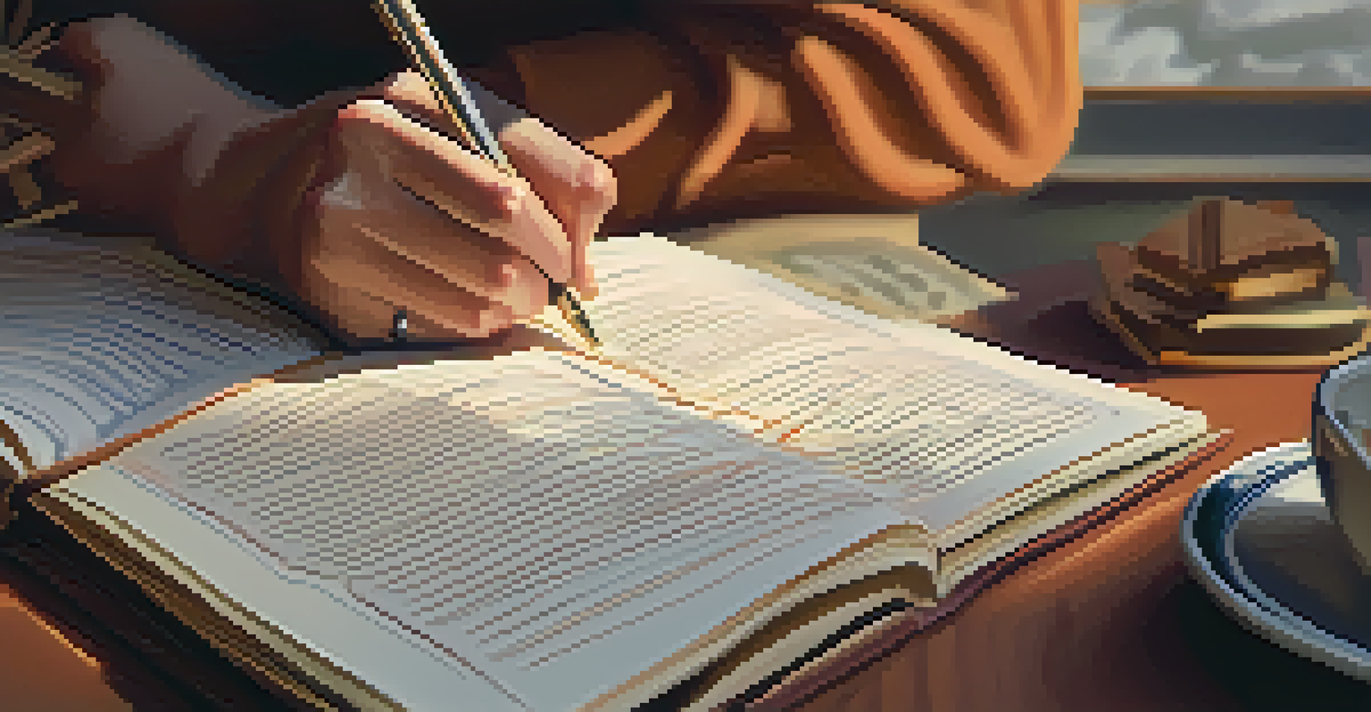 A close-up of hands writing in a journal, with a thoughtful expression, surrounded by books and a warm light in a cozy study.