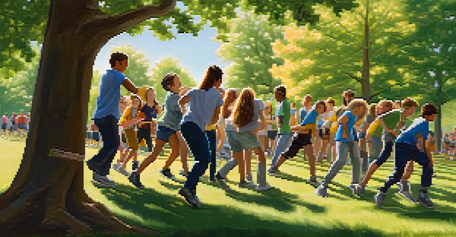 Students participating in a trust fall exercise outdoors, demonstrating teamwork and trust in a sunny park.