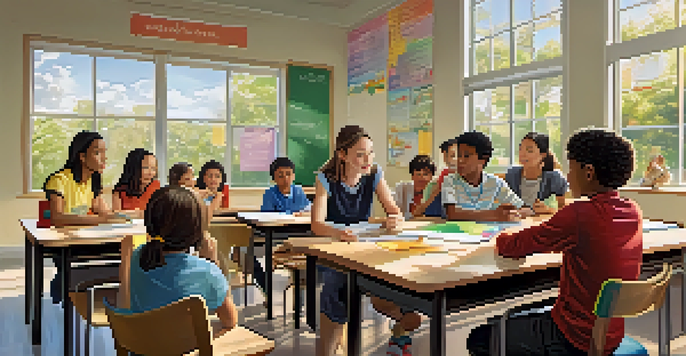 A bright classroom with a teacher and students participating in a discussion, sunlight coming through the windows, and educational posters on the walls.