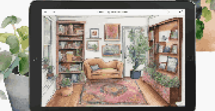 A close-up of a digital portfolio on a tablet, showcasing a collage of artwork and assignments in a cozy study area.