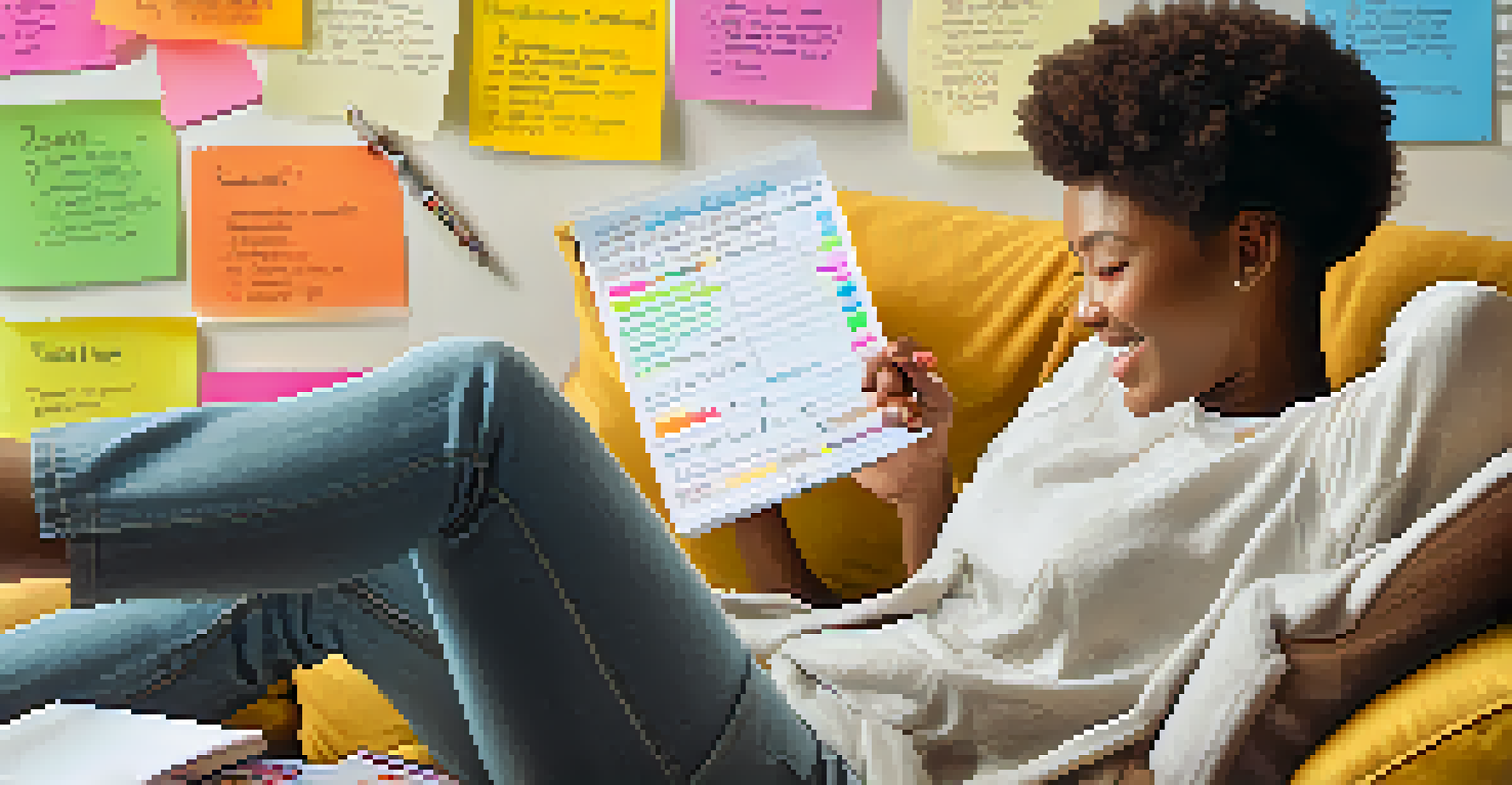 A person on a couch smiling while reviewing financial goals on a notepad, surrounded by colorful sticky notes, a highlighter, and a cup of herbal tea.