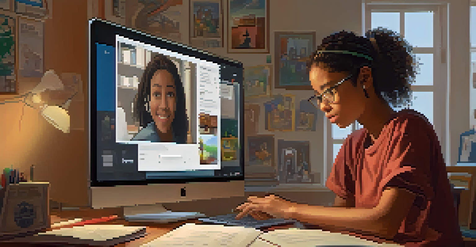 A teenage girl studying at home, watching an instructional video on her laptop and taking notes in a cozy environment filled with educational materials.