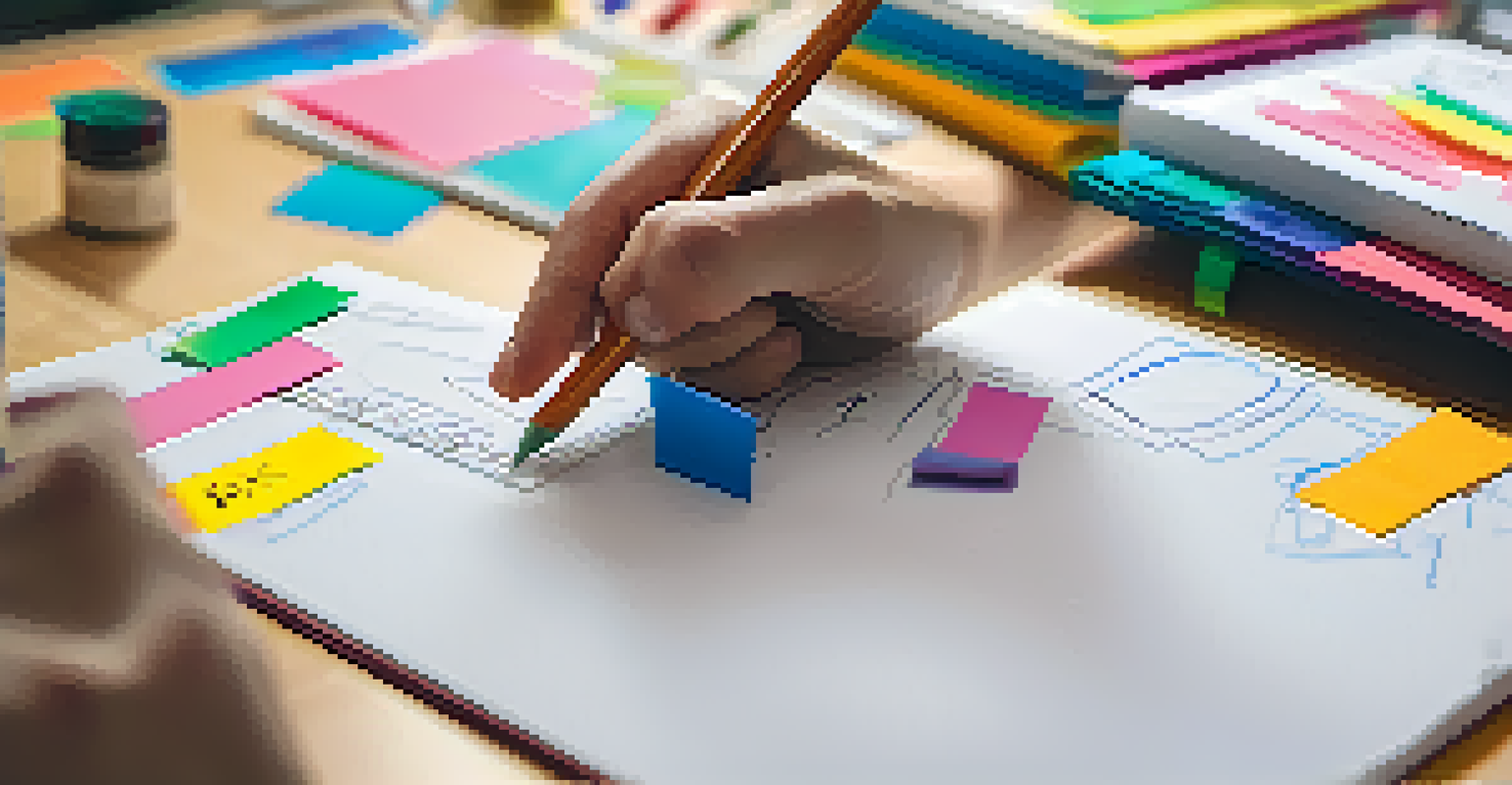 A student's hands writing notes during an assessment design discussion, with a whiteboard filled with sticky notes in the background.