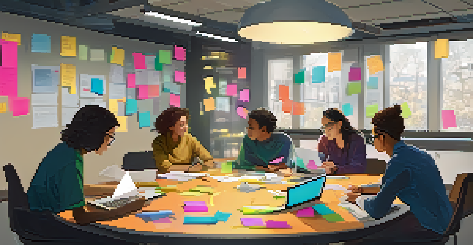 Students collaborating on a research project at a round table with laptops and notebooks.