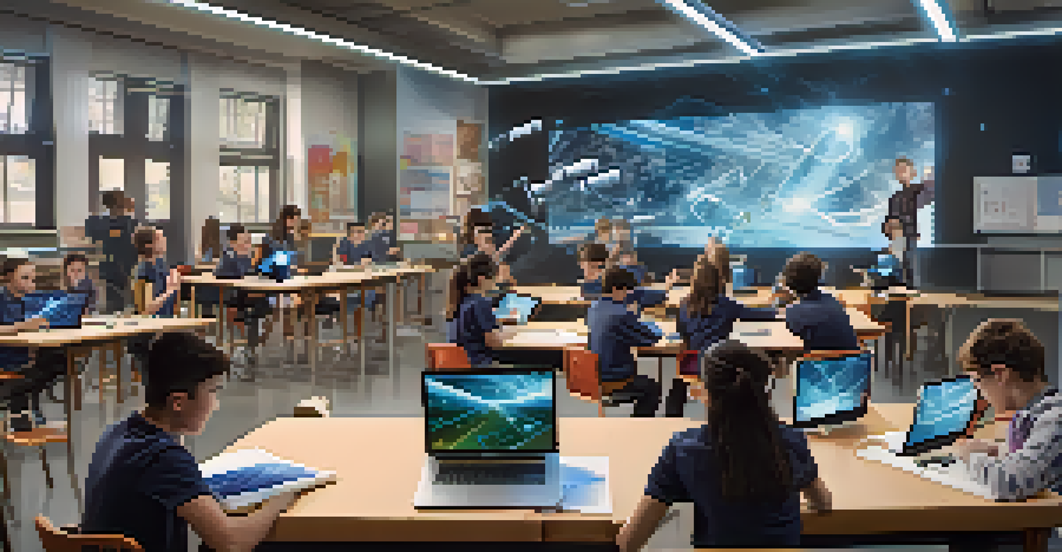 Students in a futuristic classroom using augmented reality to visualize forces and motion during a physics lesson, showing excitement and collaboration.