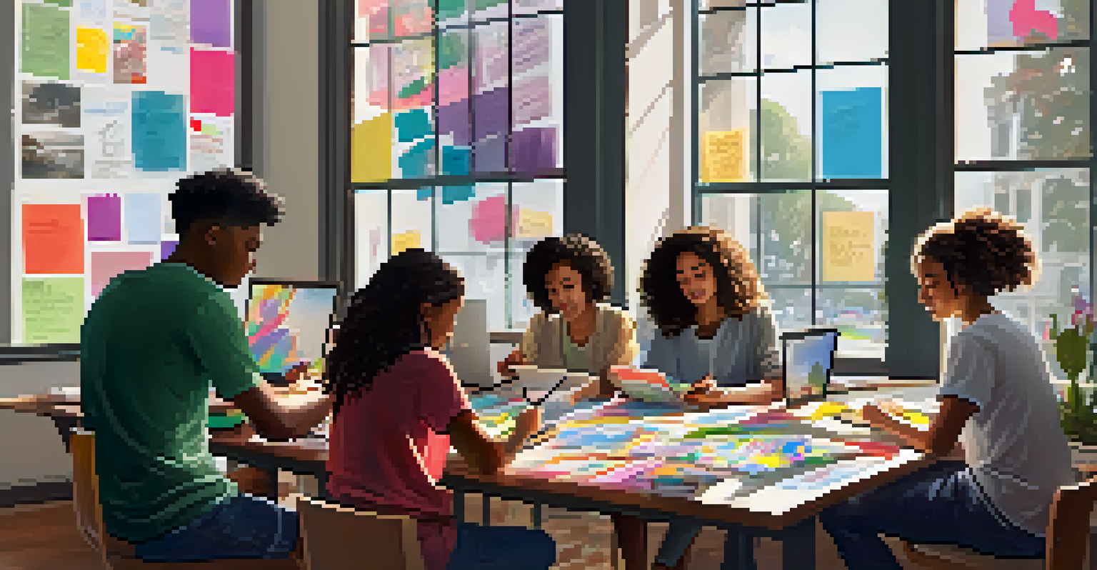 Diverse students collaborating on digital portfolios at a table with natural light and art supplies around.