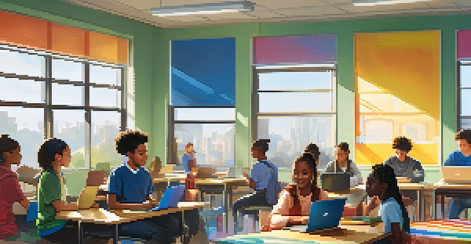 A vibrant classroom with students from diverse backgrounds engaged in digital learning, using laptops and collaborating on a smartboard, under warm natural light.