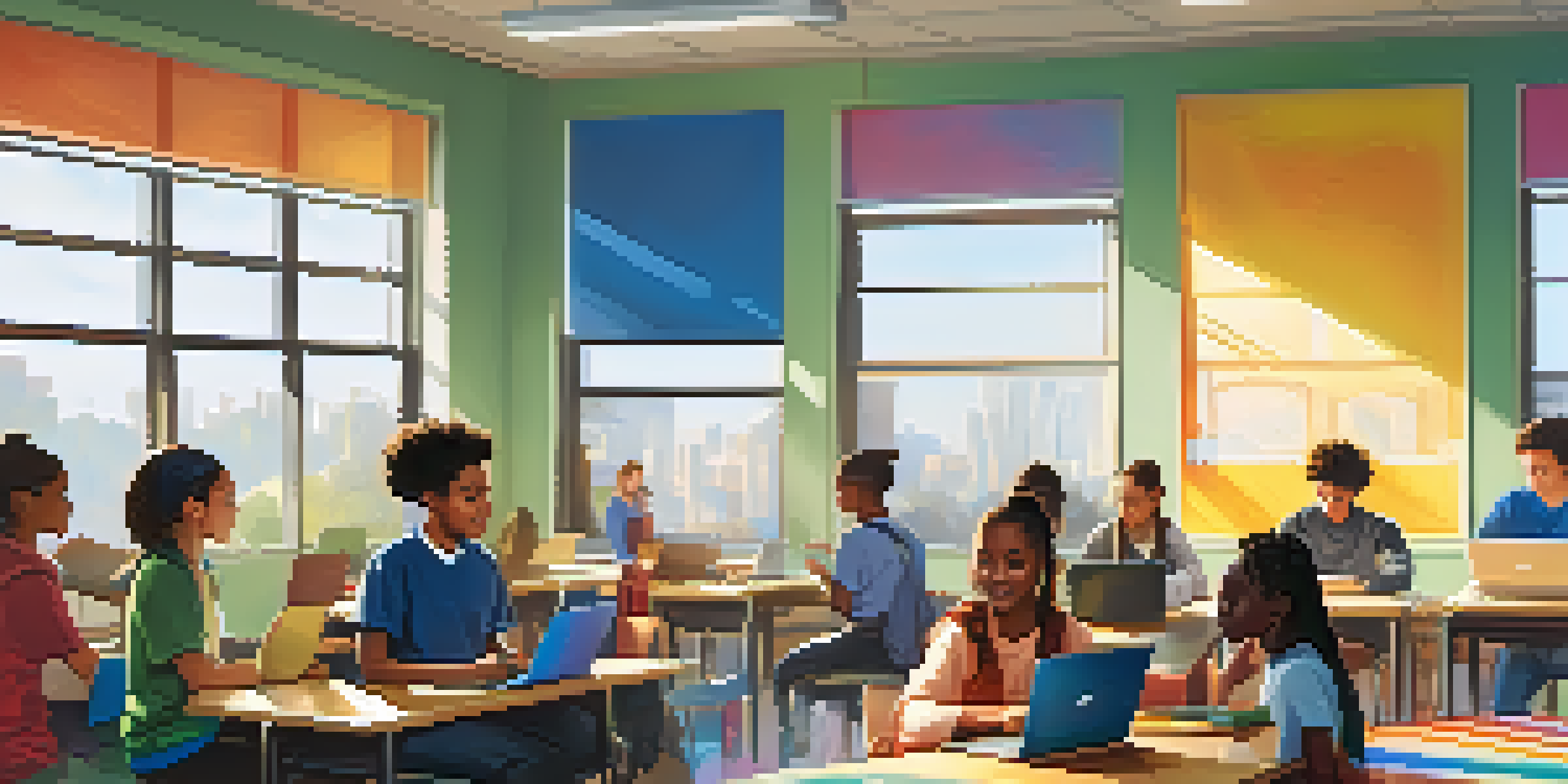 A vibrant classroom with students from diverse backgrounds engaged in digital learning, using laptops and collaborating on a smartboard, under warm natural light.