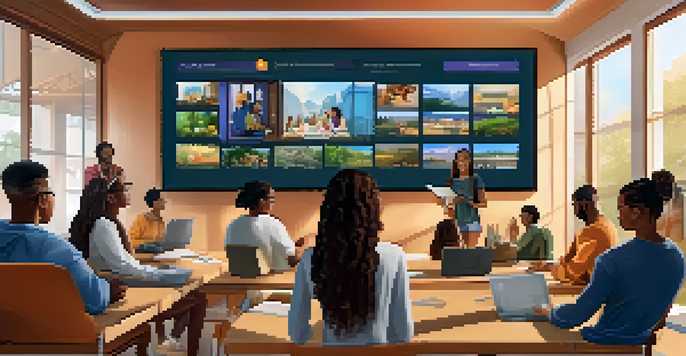A diverse group of students and educators in a virtual classroom, engaging in discussion with a large screen displaying collaborative tools in the background.