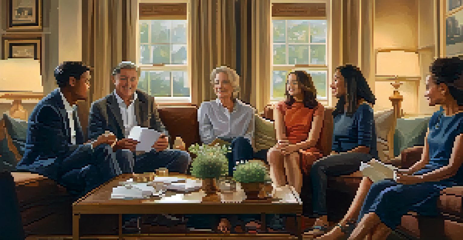 A family gathering in a living room discussing estate planning, with warm lighting and family portraits on the wall.