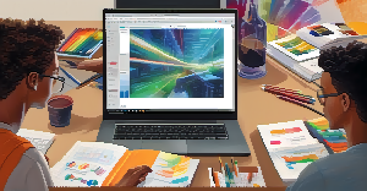 A close-up of students collaborating on a digital project, with a laptop showing a presentation and notebooks scattered around, all bathed in warm lighting.