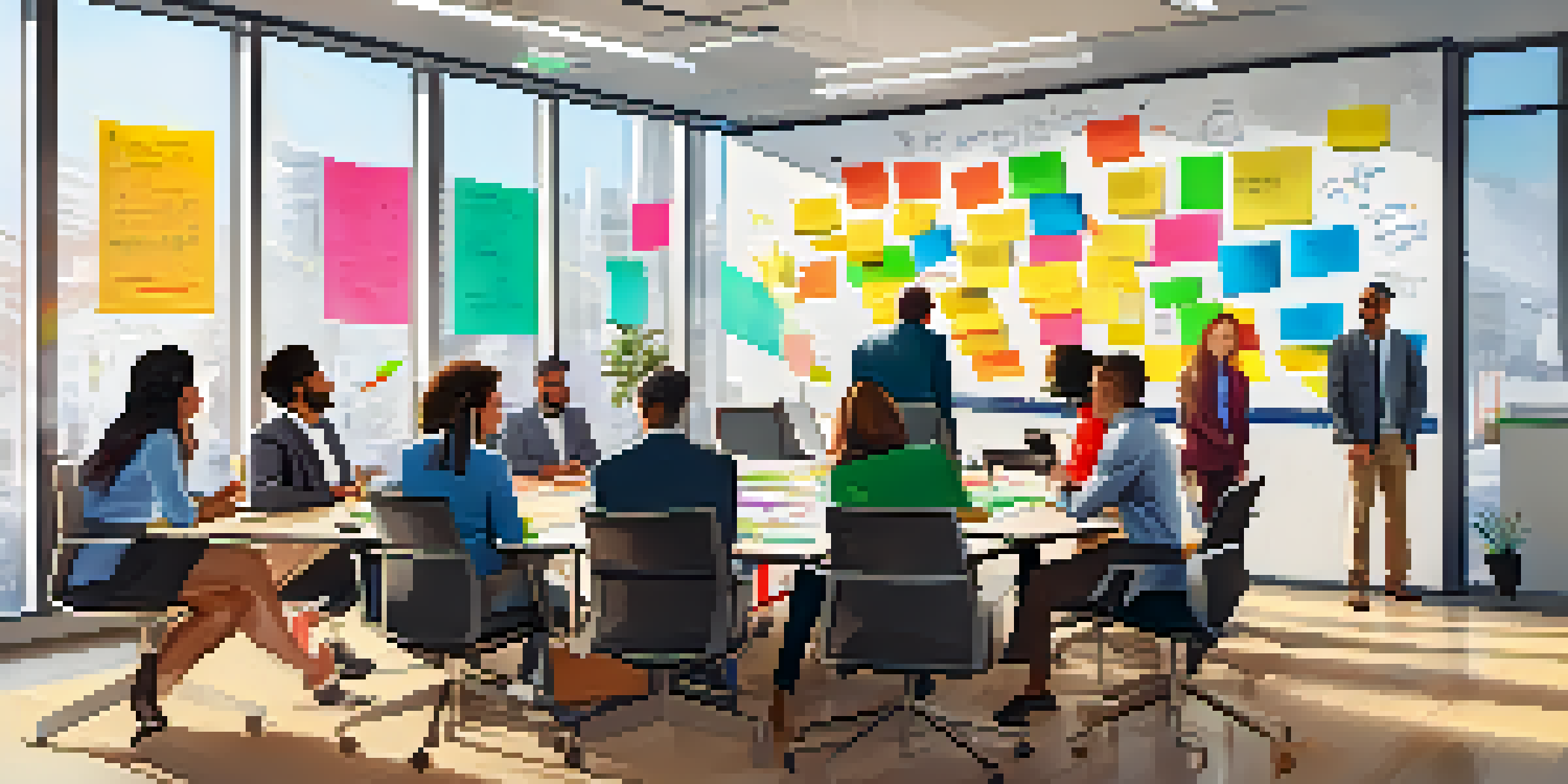 A diverse group of people collaborating in a bright conference room with a whiteboard full of colorful notes.