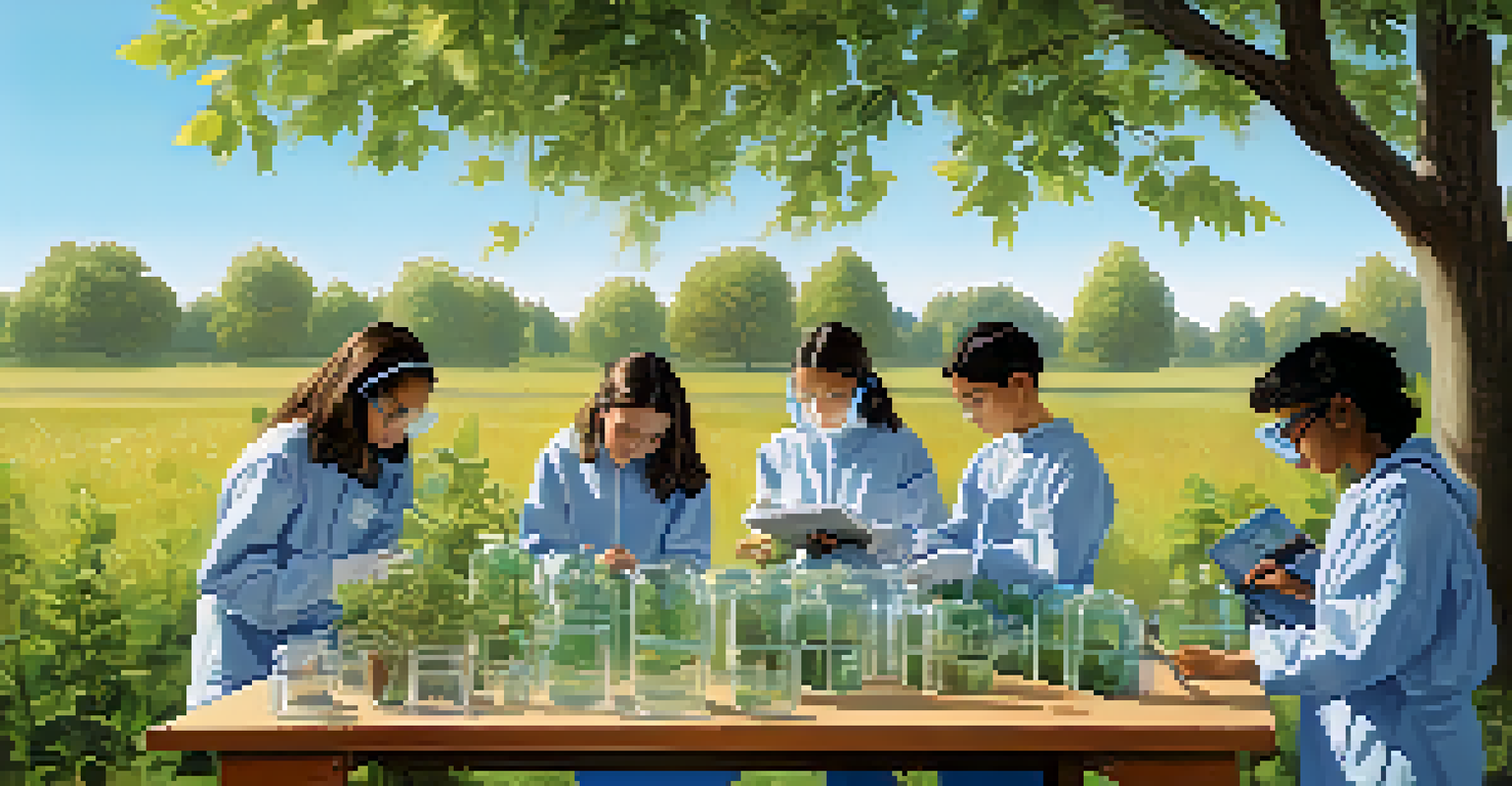 Students conducting an outdoor science experiment related to environmental issues, surrounded by nature.