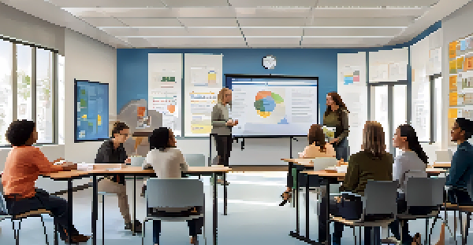 A classroom filled with diverse adult learners discussing a case study in a collaborative setting.