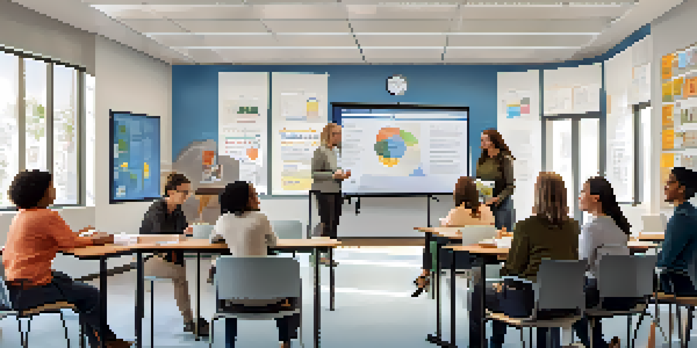 A classroom filled with diverse adult learners discussing a case study in a collaborative setting.