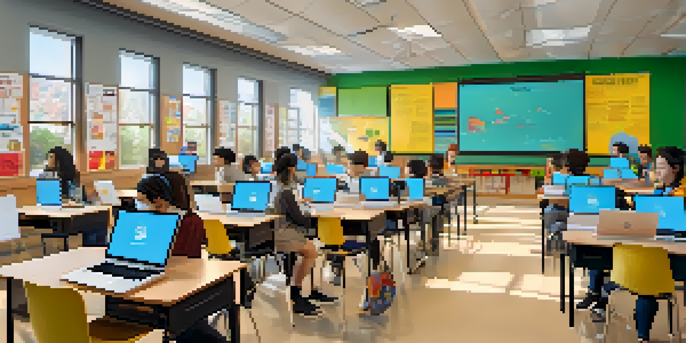 A classroom with students using both traditional and digital learning tools, illustrating blended learning.