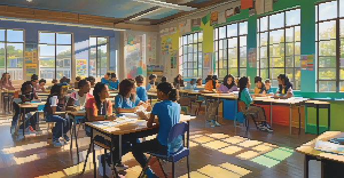 A lively classroom with diverse students collaborating on projects, surrounded by colorful educational materials and natural light.