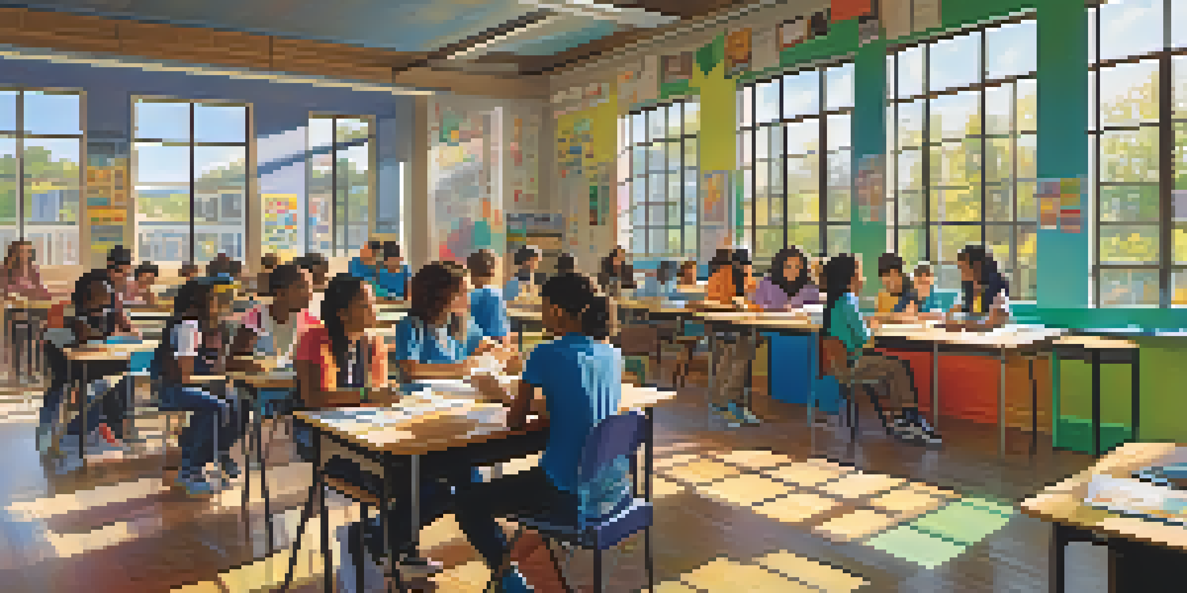 A lively classroom with diverse students collaborating on projects, surrounded by colorful educational materials and natural light.