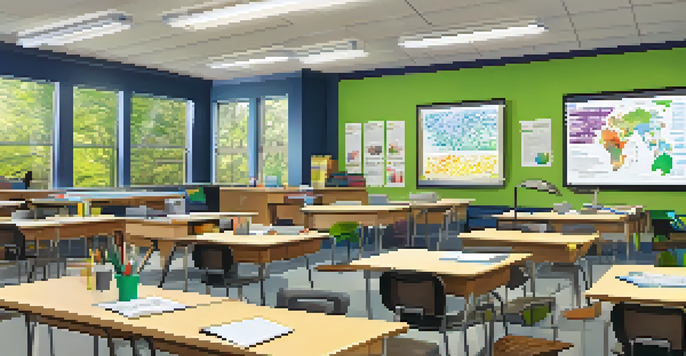 A bright and modern classroom with diverse students using laptops and engaging in collaboration, surrounded by educational posters and natural light.