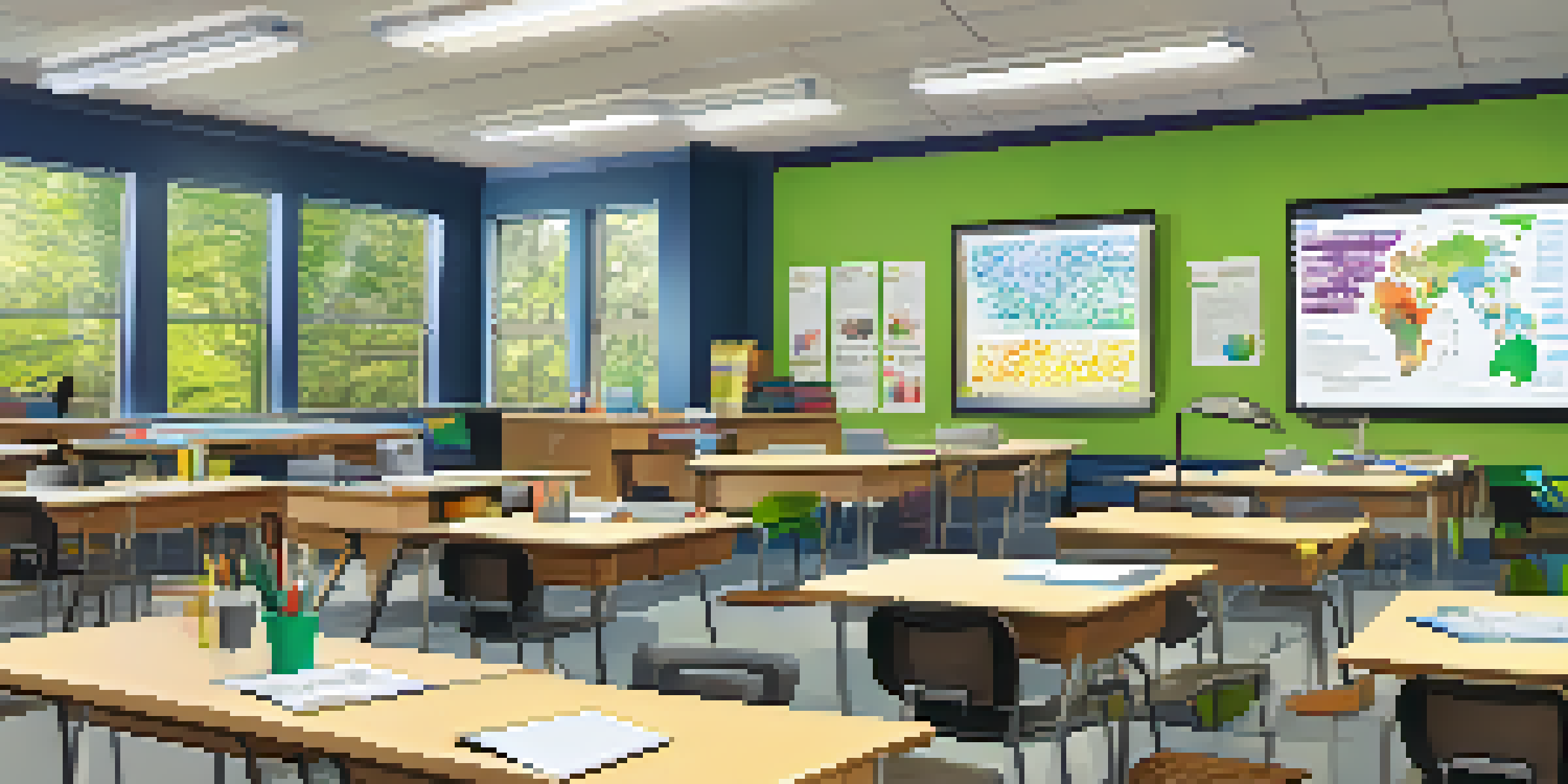 A bright and modern classroom with diverse students using laptops and engaging in collaboration, surrounded by educational posters and natural light.