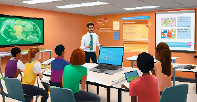 A diverse group of students in a bright classroom, some using laptops while others engage in a hands-on activity, with a teacher guiding the discussion.