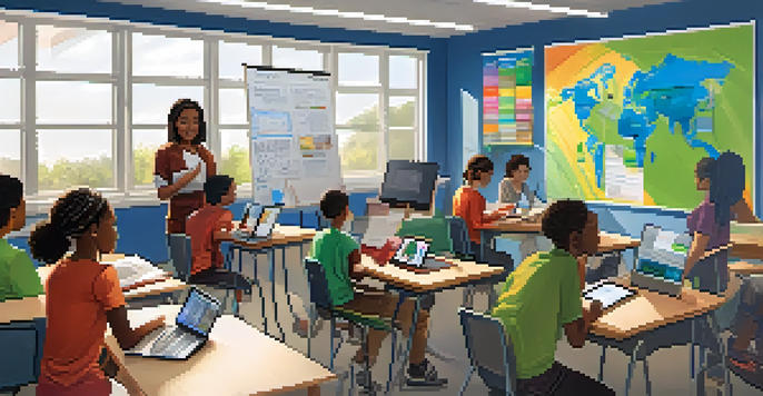 A diverse group of students in a modern classroom using technology, with a teacher guiding the discussion.