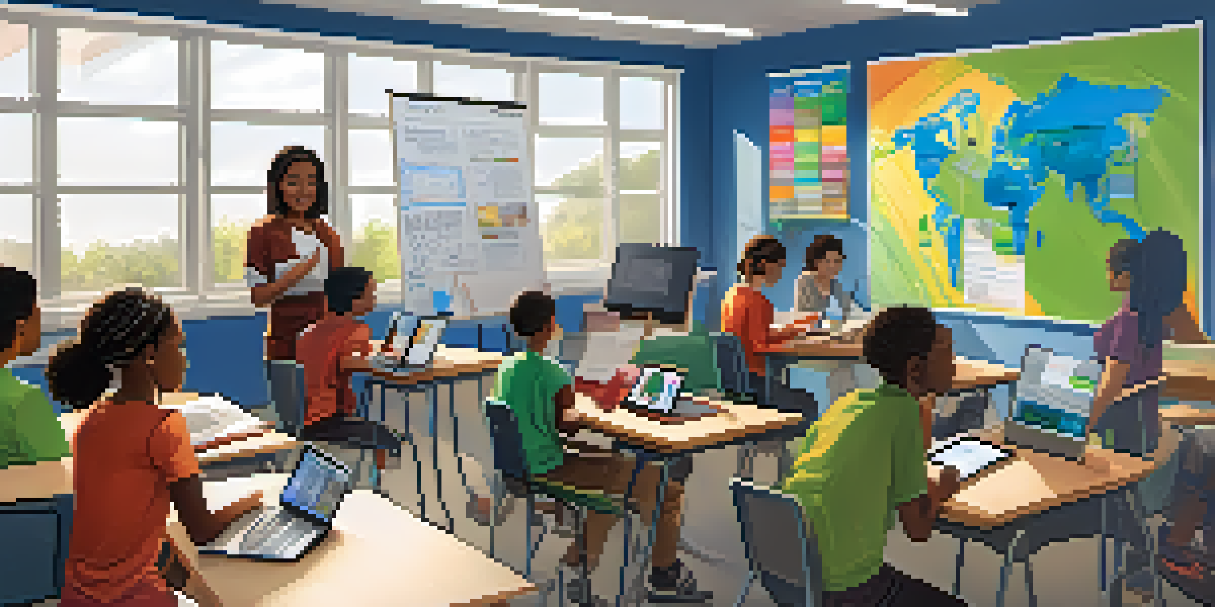 A diverse group of students in a modern classroom using technology, with a teacher guiding the discussion.