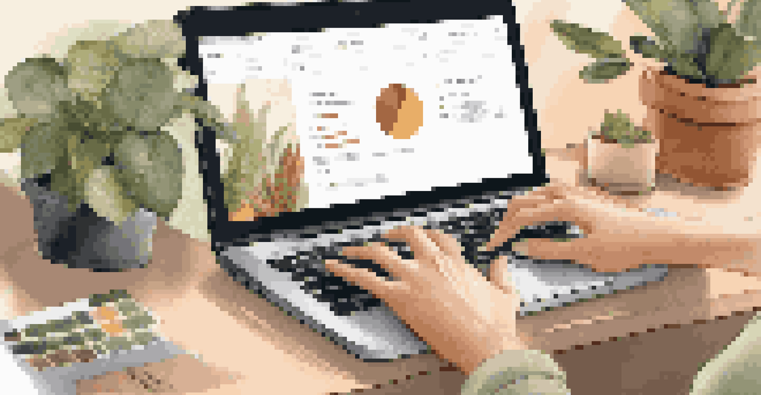 Close-up of hands typing on a laptop displaying feedback forms in a cozy office environment.