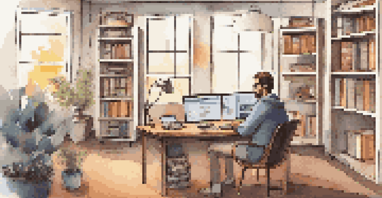 An adult learner in a cozy workspace with multiple screens showing online courses, illustrating lifelong learning.
