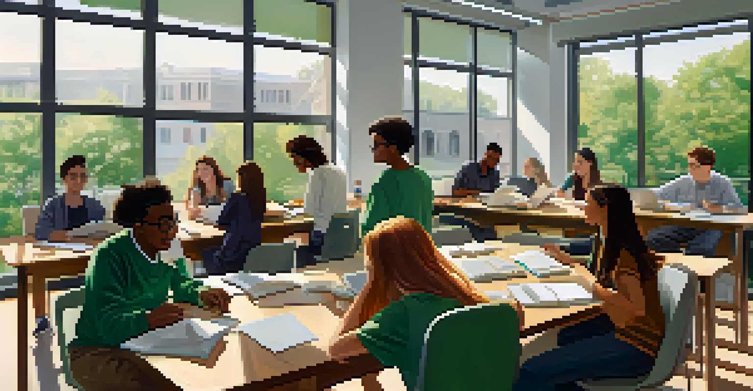A group of diverse students having a discussion with books and laptops on a table, surrounded by an airy and bright room.
