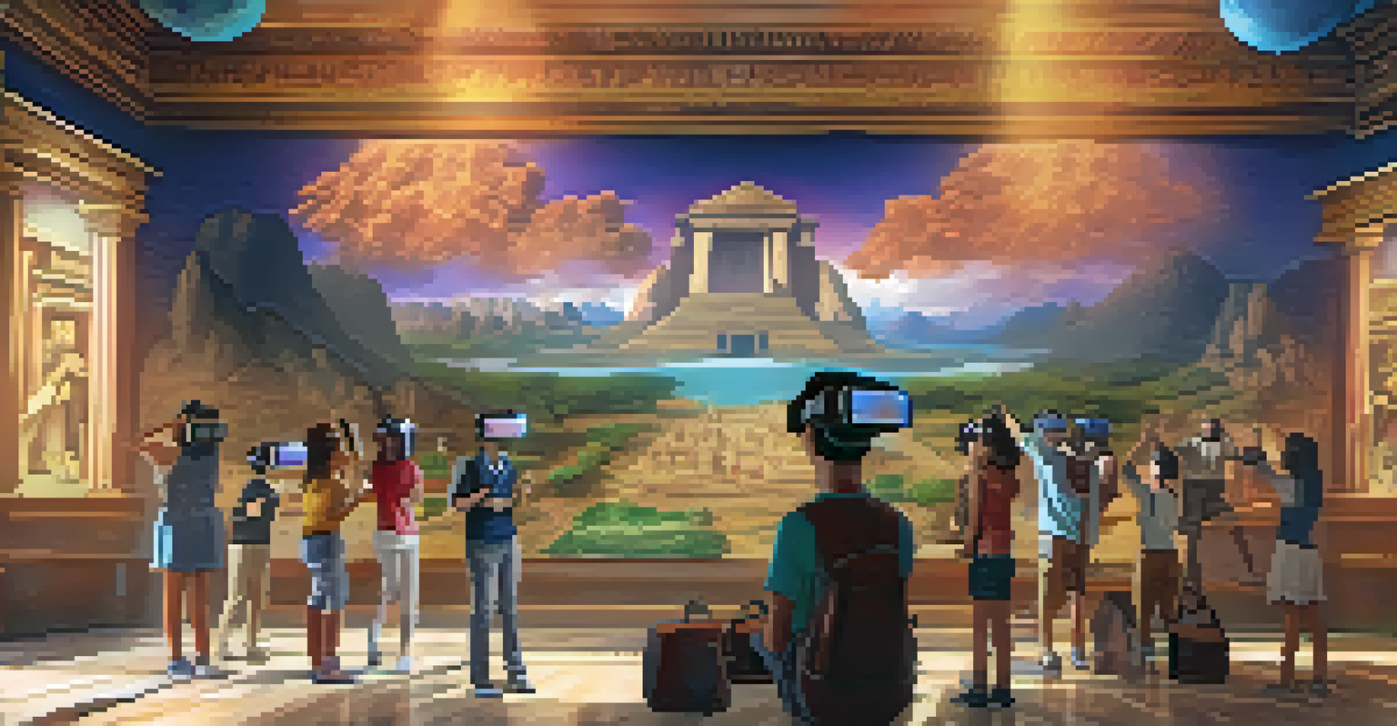 Students wearing VR headsets exploring ancient civilizations in a virtual classroom setting.