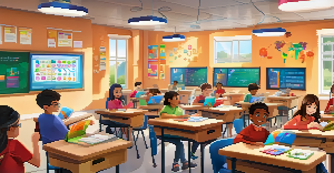 A lively classroom filled with students engaged in a fun learning environment, using tablets for interactive quizzes, with colorful decorations and soft sunlight.